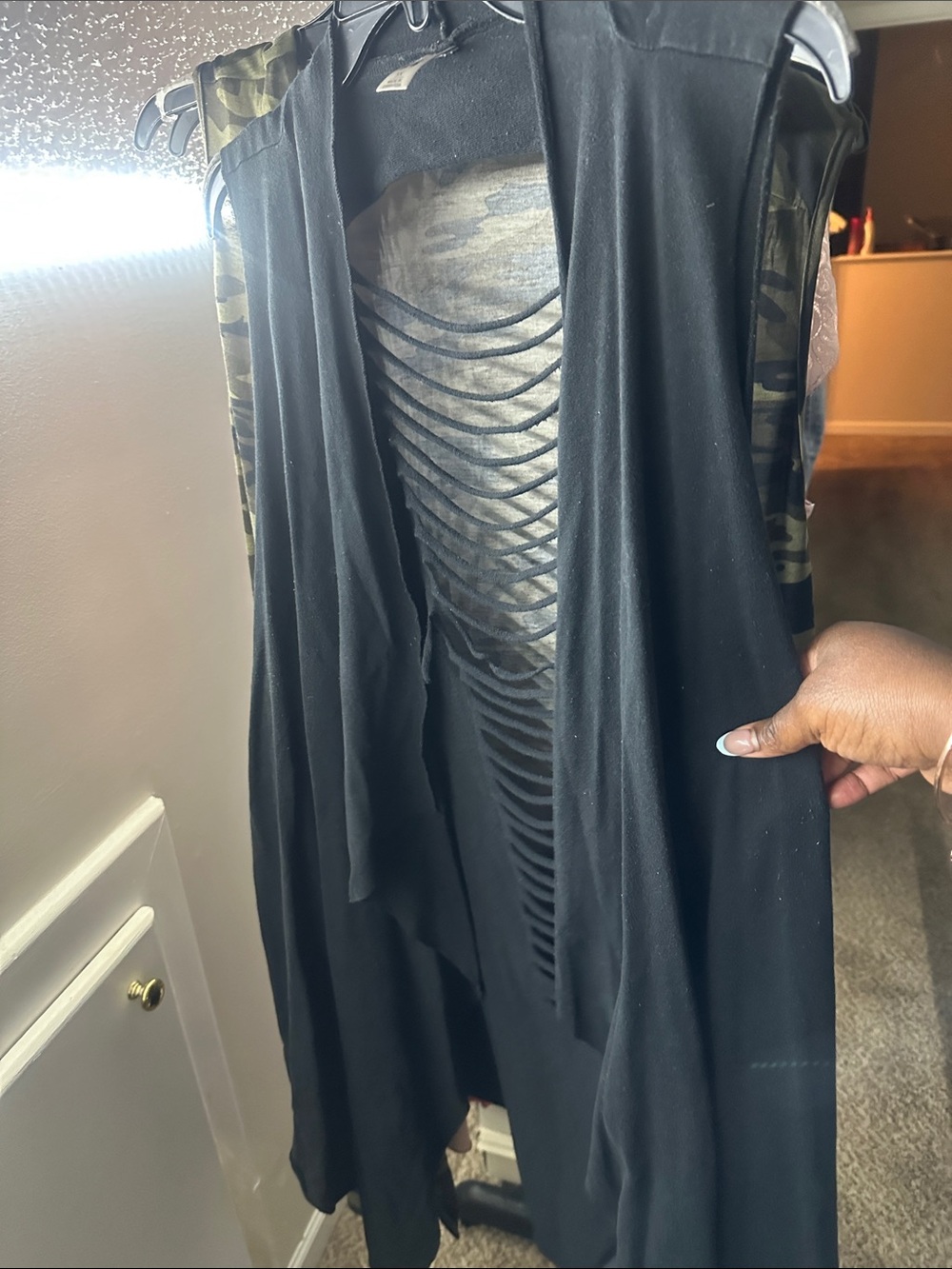 Black Open-Front Sleeveless Duster with Ladder Back Detail